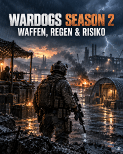 Eigene KI-Symbolillustration zu WARDOGS Season 2 mit Soldat, MG-Stellung und Schutzbau im Regen – kein Spiel-Screenshot