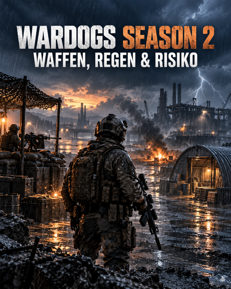 Eigene KI-Symbolillustration zu WARDOGS Season 2 mit Soldat, MG-Stellung und Schutzbau im Regen – kein Spiel-Screenshot