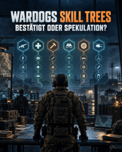 Eigene KI-Symbolillustration zu den geplanten WARDOGS Player Skills: Soldat betrachtet sechs verzweigte Rollenpfade – kein Spiel-Screenshot