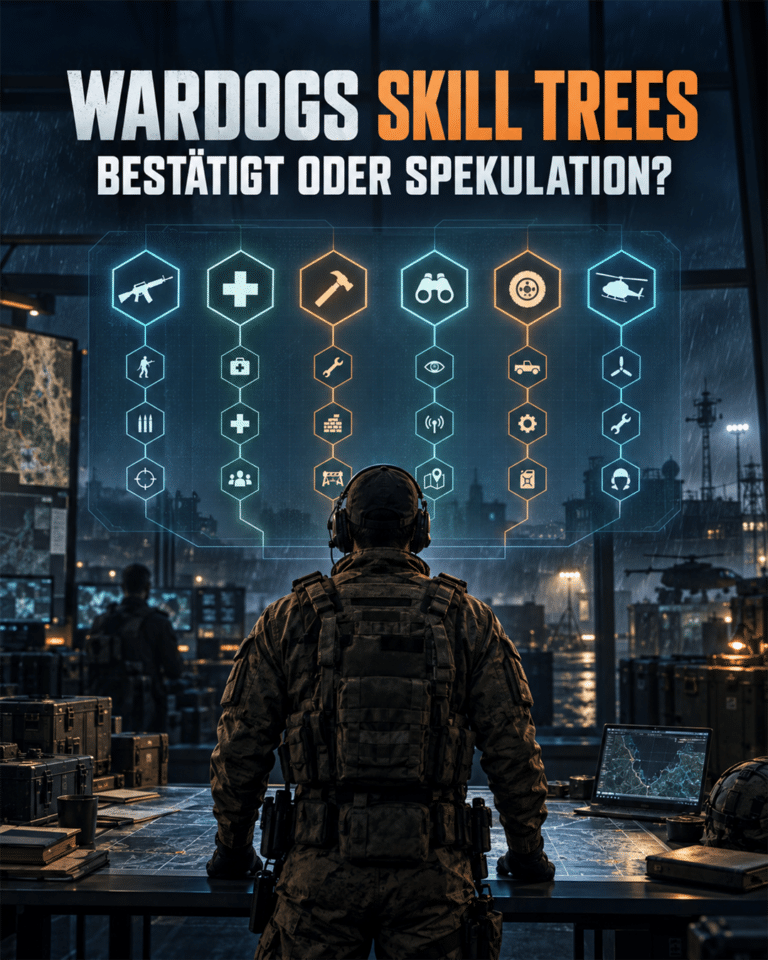 Eigene KI-Symbolillustration zu den geplanten WARDOGS Player Skills: Soldat betrachtet sechs verzweigte Rollenpfade – kein Spiel-Screenshot