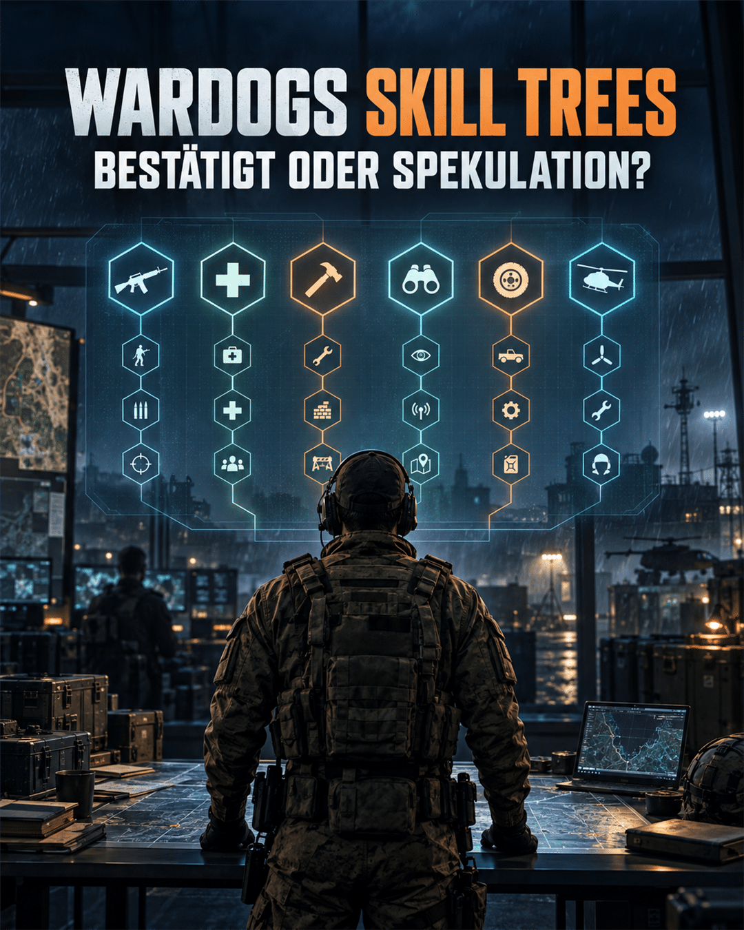 Eigene KI-Symbolillustration zu den geplanten WARDOGS Player Skills: Soldat betrachtet sechs verzweigte Rollenpfade – kein Spiel-Screenshot